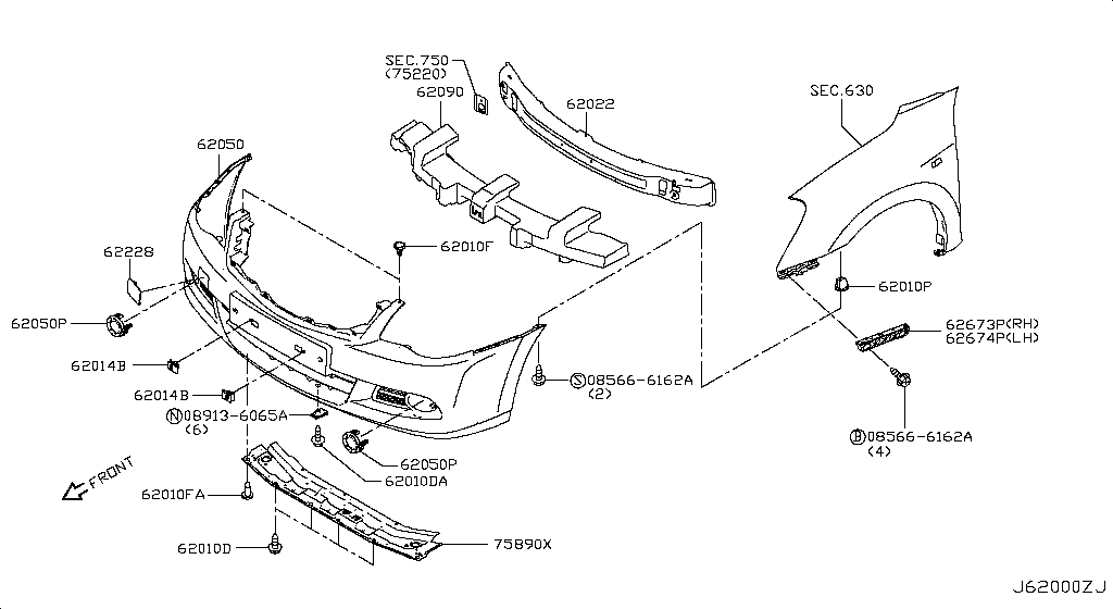 Used Genuine Nissan Front Bumper Cover Finisher (62050-CY000)