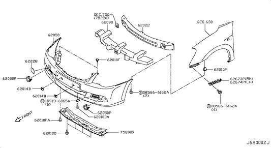 Used Genuine Nissan Front Bumper Cover Finisher (62050-CY000)