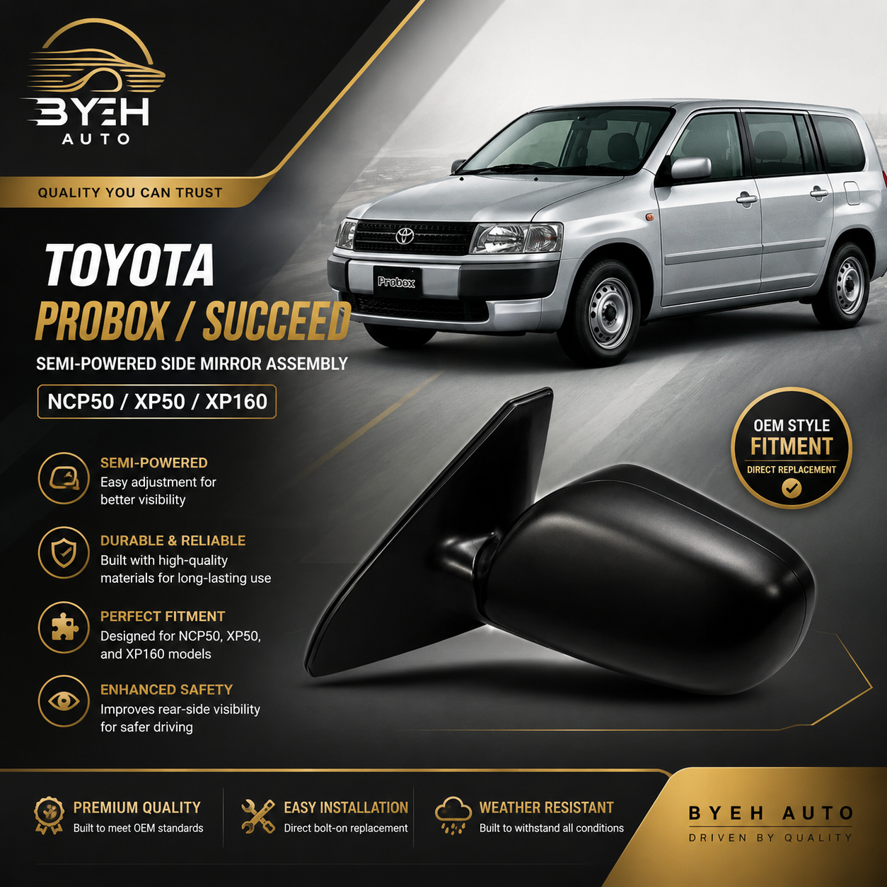 Toyota Probox/Succeed Semi-Powered Side Mirror Assembly NCP50